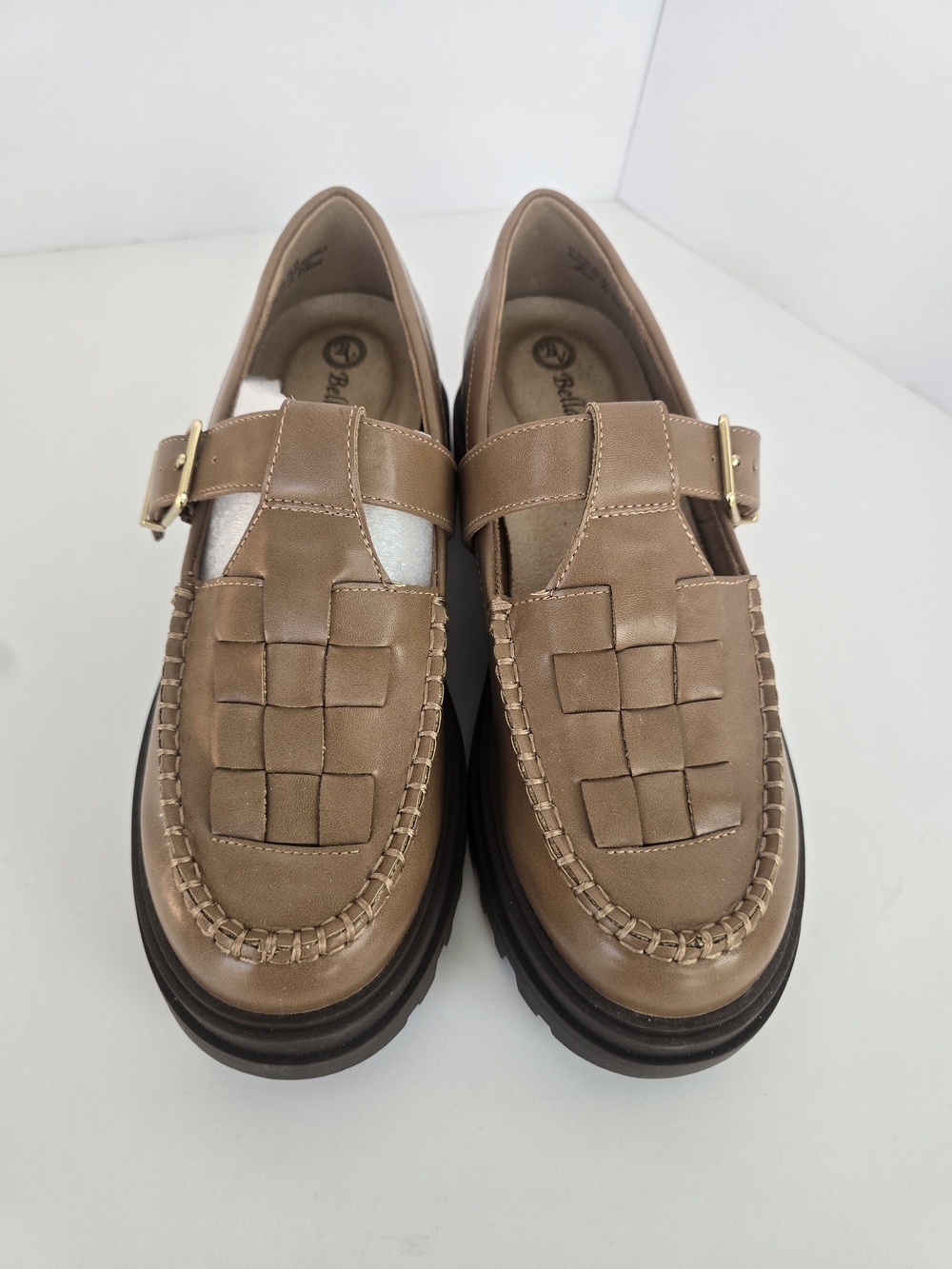 Bella Vita Womens Makell Tan Woven Buckle Lug Sole Loafers